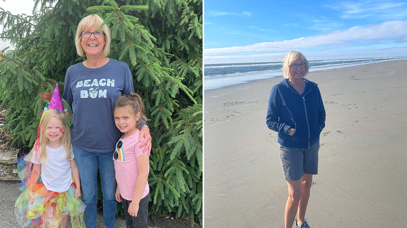 Deborah on the beach and with her granddaughters.