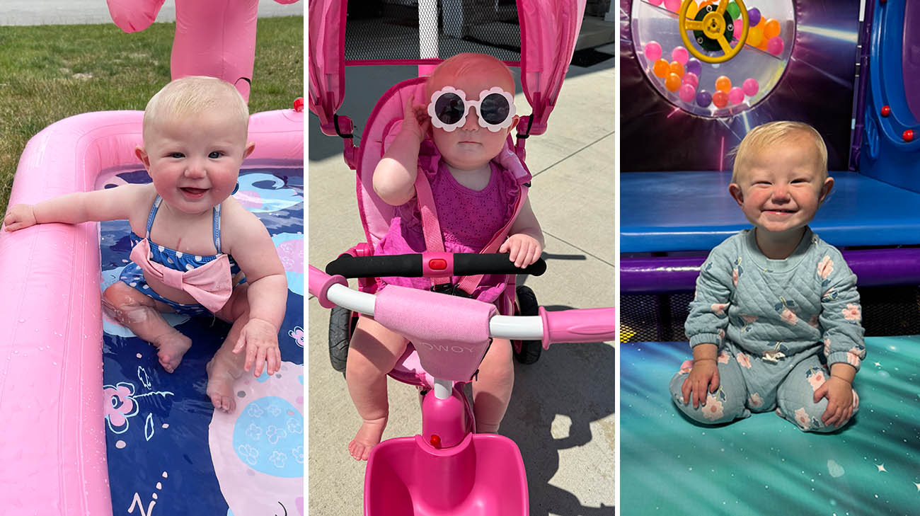 14-month-old Lucy is doing well and shows great improvement.