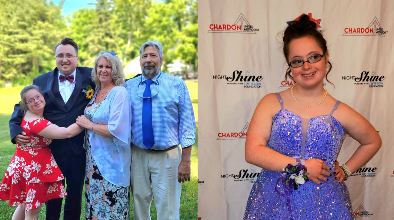 (left) Danielle Taraba and family. (right) Danielle at the Night to Shine Foundation event.