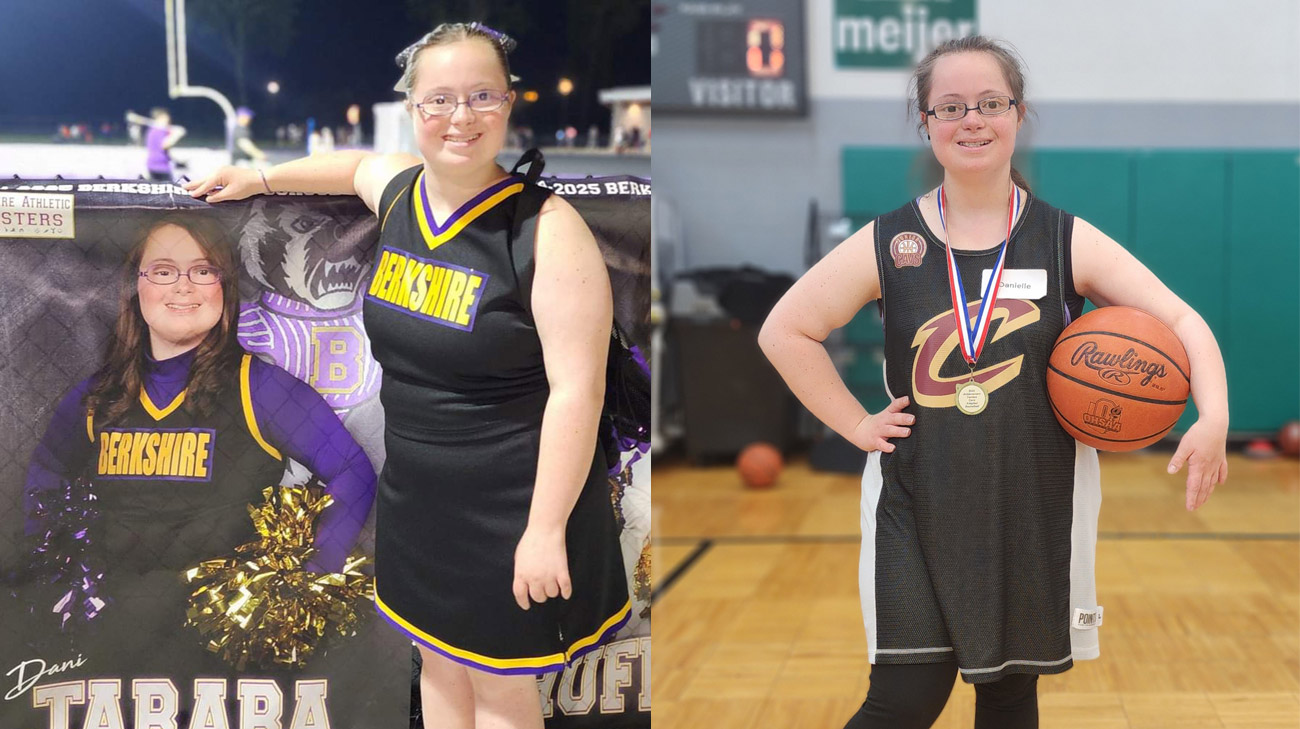 (left) Danielle standing next to her cheerleading senior banner. (right) Danielle posing for a photo in her basketball uniform.