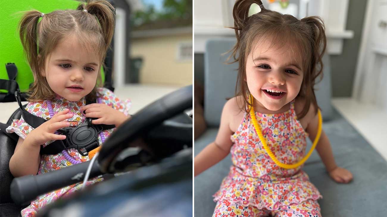 Images of Addison Matthews, the one on the left shows Addison strapped in a mobility device the other of her sitting and smiling at the camera.