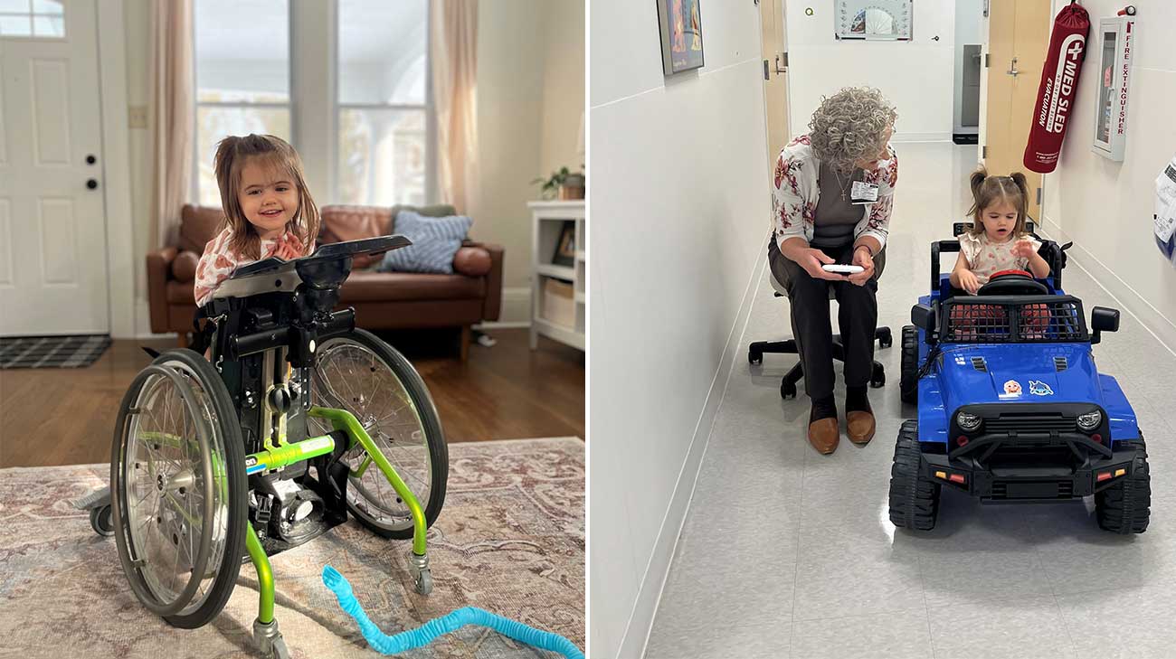 Addison in a standing wheelchair next to an image of Addison in a toy car with her physical therapist.