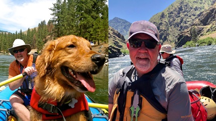 (Left) Bill Sedivy and his dog in a kayak. (Right) Bill in his Kayak.