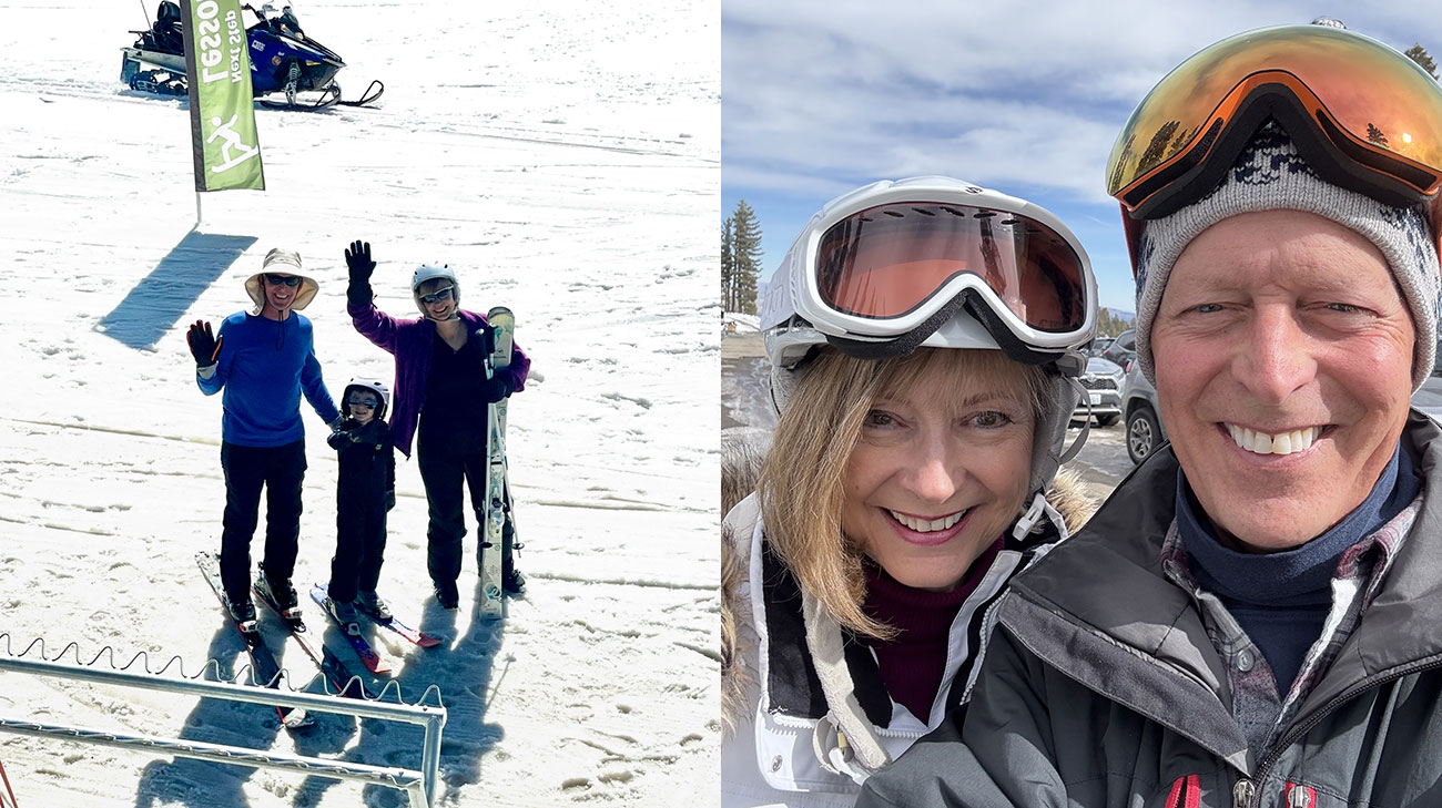 Diane Hartman and her husband, Jon, pictured skiing. Included is their grandchild (left).