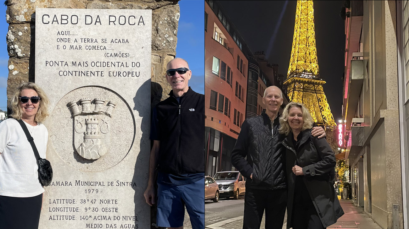 (Left) Andy Mahler and his wife at Cabo Da Roca (right) Andy and his wife in front of the Eiffel Tower