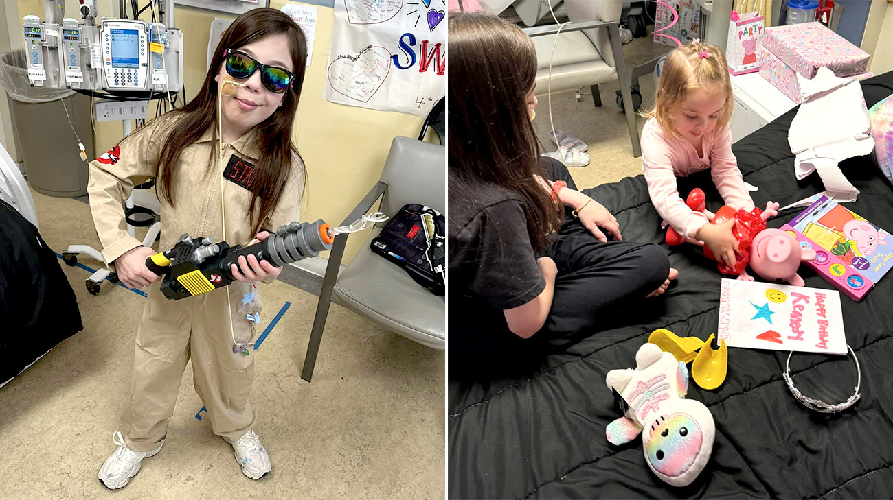 Ava during Halloween and Ava at sister's birthday in hospital