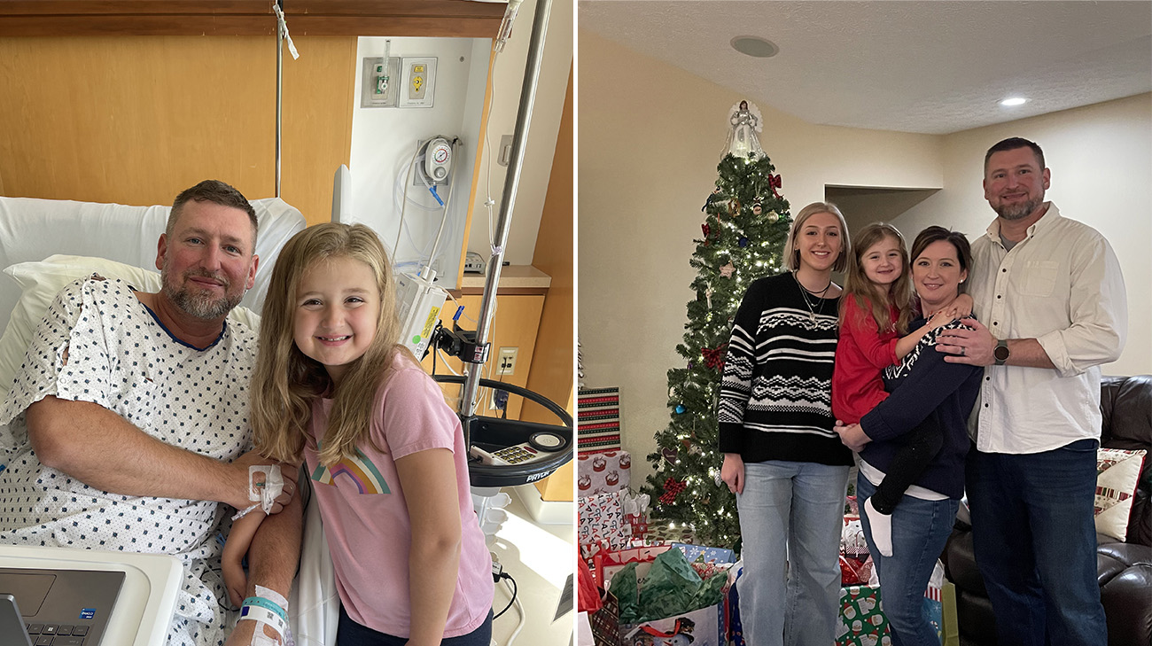 Left: Tim Beckner in the hospital with his daughter Nora. Right: Tim with wife, Stefanie, and daughters Emily and Nora