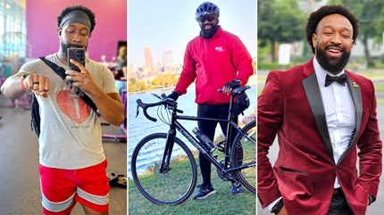 Sam at gym, biking and portrait of Sam