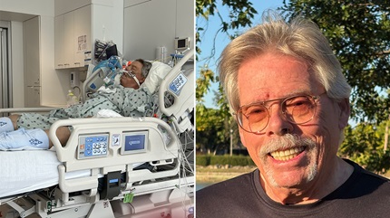 Left: Billy recovering in the hospital following his liver transplant surgery. Right: Billy in 2026