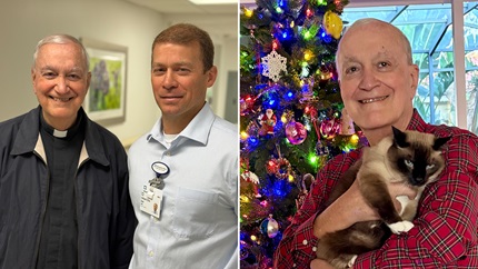 Left: Victor Ulto  with Dr. Ellis Ziel. Right: Victor with his cat Cosmo