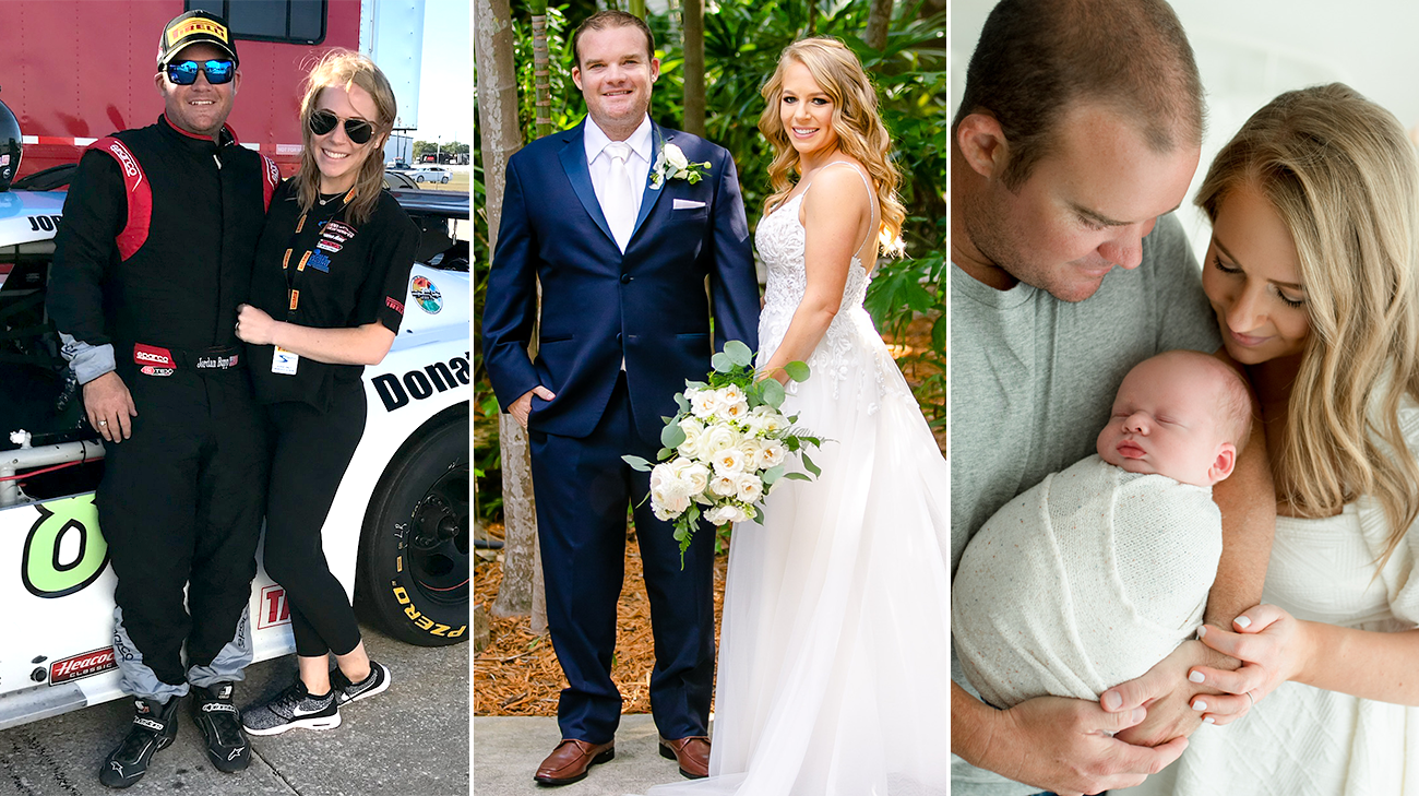 Jordan racing, Jordan getting married, and Jordan with his child and wife