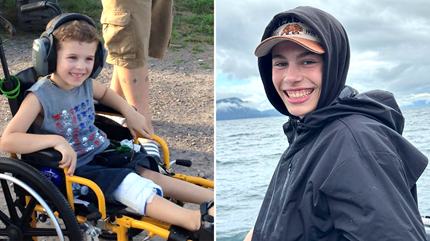 Jacob in wheelchair and Jacob on boat