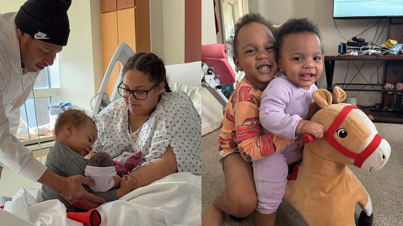 Big brother, Kaiden, is enjoying playing with his baby sister.