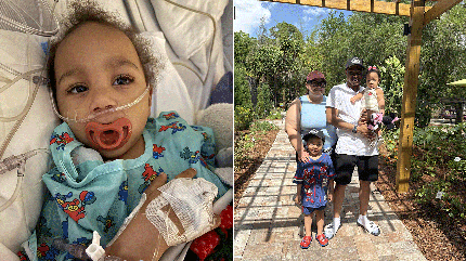 Kaiden battling severe kidney disease in the hospital (left). Kaiden pictured with his parents and baby sister (right).