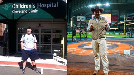 Left: Wyatt in front of Cleveland Clinic Children's, 2012; Right: Wyatt at a work event.
