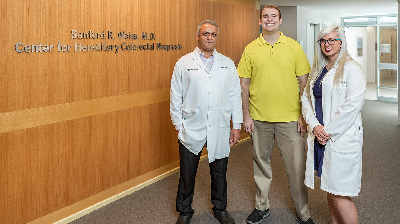 Michael Ambrose (center) travels from Washington, DC, for followup appointments with his care team, which includes surgeon Amit Bhatt, MD, (left) and nurse Caitlin Durnil, LPN (right).