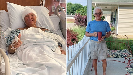 Carl Hanzelka pictured left in the hospital and right after recovering from his surgery at Cleveland Clinic