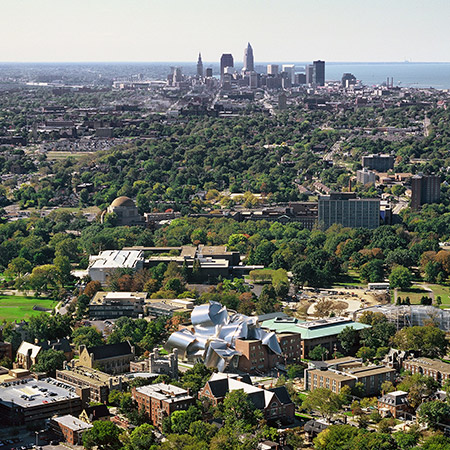 An aerial view of the Case Western Reserve campus and Cleveland