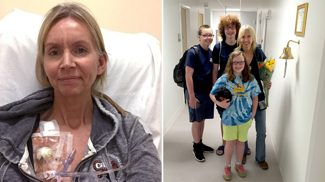 Claire undergoing treatment, and Claire ringing the bell